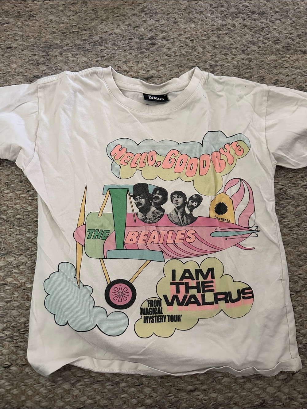 White Kids Short Sleeve Graphic Tee with Pastel Beatles Airplane Print